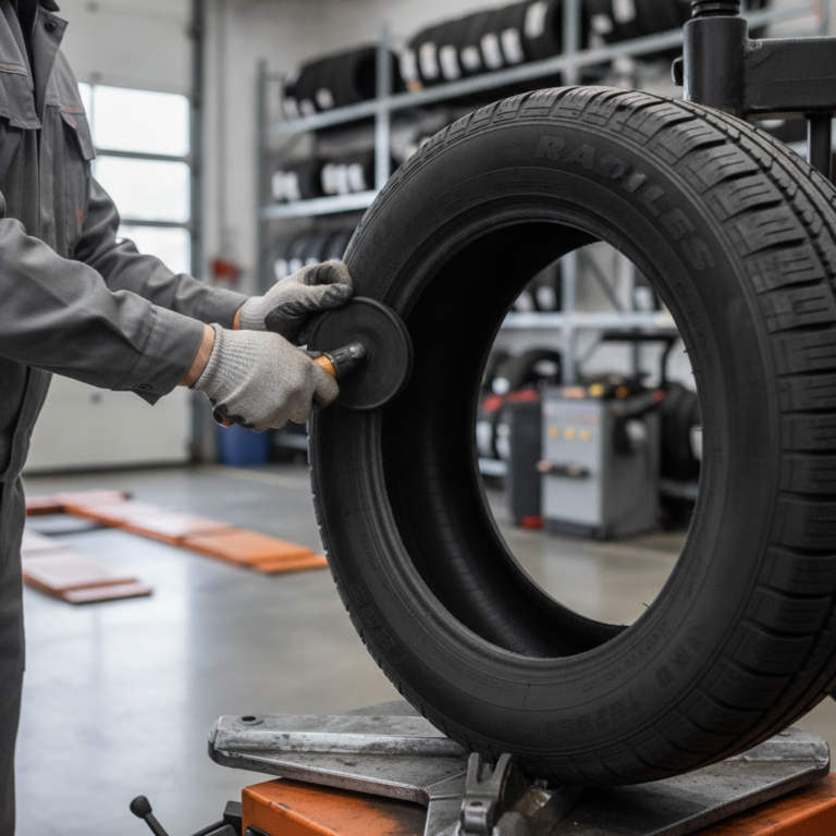 Auto technician repairing a flat tire in a tire shop